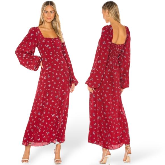 FREE PEOPLE Red Midi IRIS Dress Smocked Square Neck Puff Sleeve Cottagecore S - Picture 1 of 12